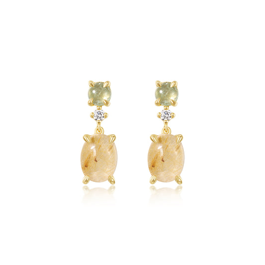 Auriella Angel Hair Stone and Green Tourmaline Earrings 14k Real Gold Plated