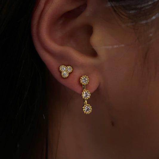 Auriella Triple Stone Stud Earrings 14k Real Gold Plated