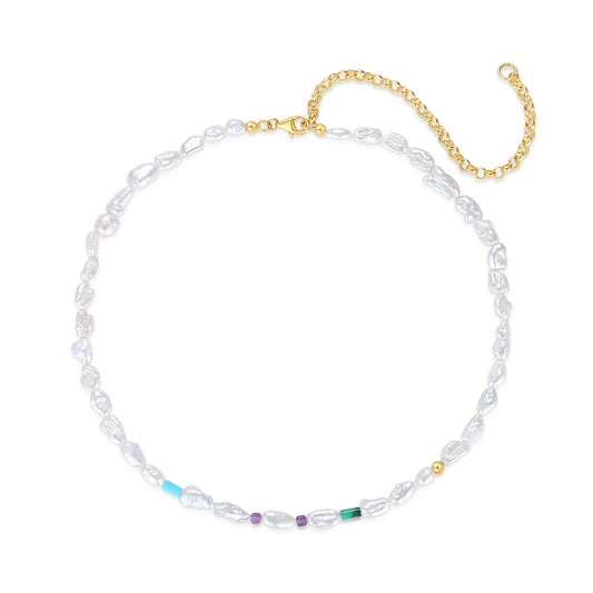 Auriella Gemstone and Baroque Pearl Necklace 14k Real Gold Plated