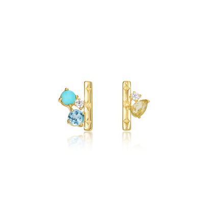 Mini Turquoise Asymmetrical Stud Earrings 14k Gold Plated