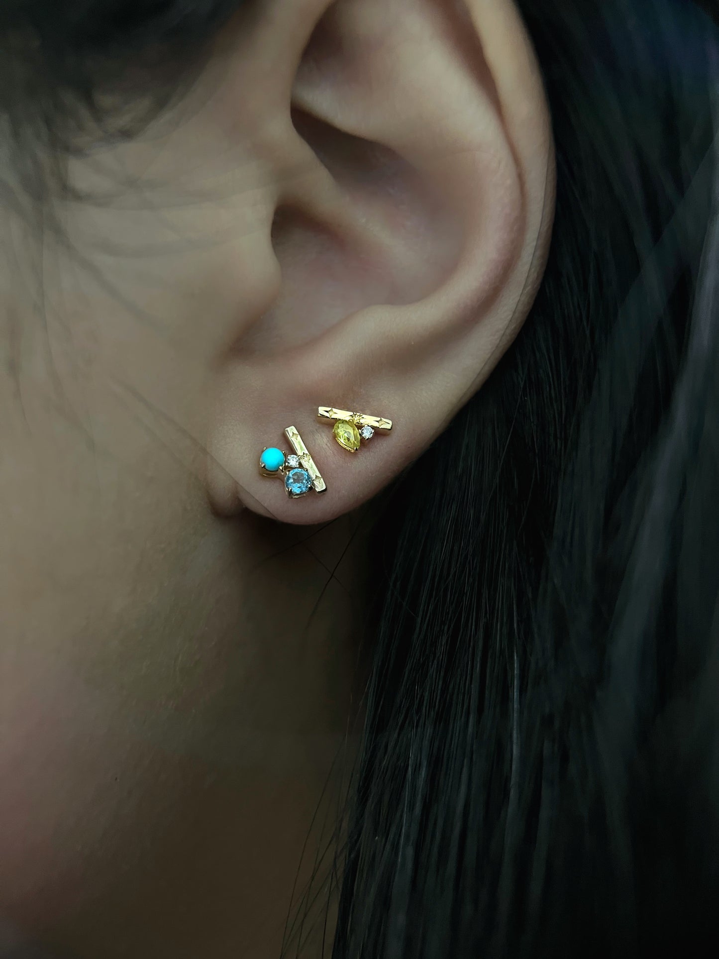 Mini Turquoise Asymmetrical Stud Earrings 14k Gold Plated